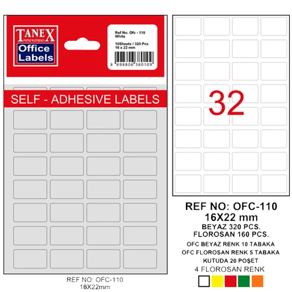 Tanex Ofis Etiketi Poşetli 16x22 MM Beyaz OFC-110 (10 lu paket) ürün görseli 1