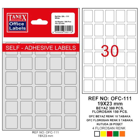Tanex Ofis Etiketi Poşetli 19x23 MM Beyaz OFC-111 (10 lu paket) ürün görseli 1