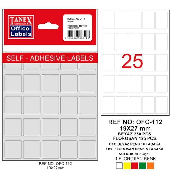 Tanex Ofis Etiketi Poşetli 19x27 MM Beyaz OFC-112 (10 lu paket) ürün görseli 1