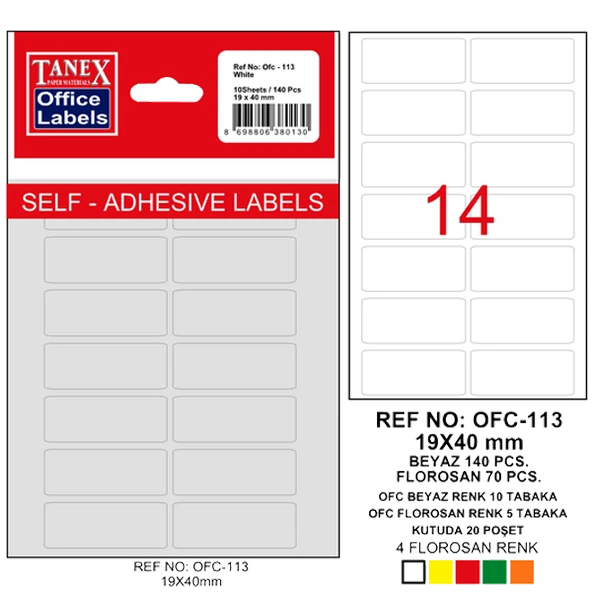 Tanex Ofis Etiketi Poşetli 19x40 MM Beyaz OFC-113 (10 lu paket) ürün görseli 1
