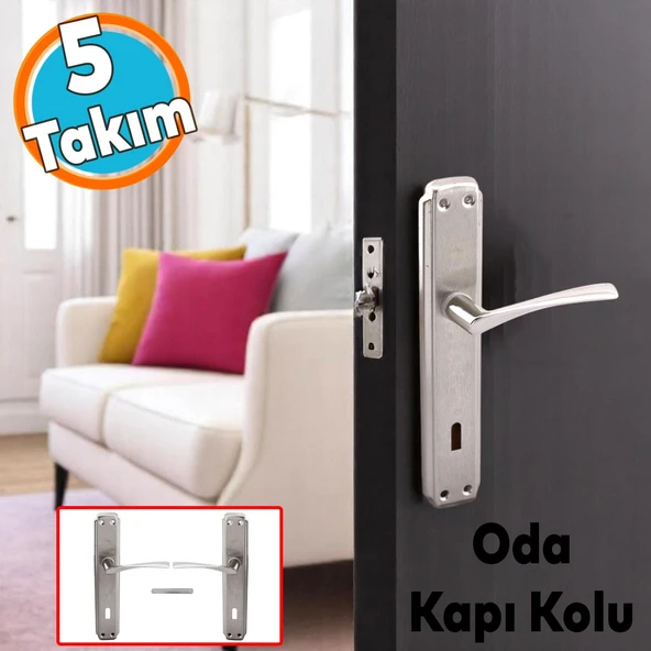Oda Kapı Kolu 5 Takım Nikel İnox Aynalı Sağa Sola Uygun İç Dış Ahşap Pvc Metal Çelik Kapısı Tutamağı ürün görseli 1