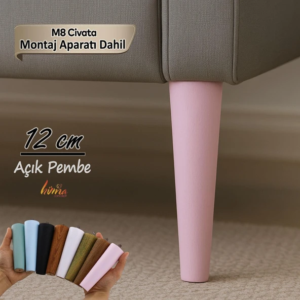 Ahşap Ayak 12 Cm Açık Pembe M8 Civatalı Bağlantı Aparatlı Dolap Mobilya Koltuk Kanepe Destek Ayağı Ayakları ürün görseli 1