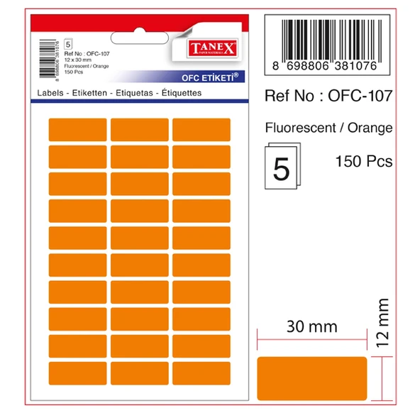 Tanex Ofis Etiketi Poşetli 12x30 Mm Fosforlu Turuncu (10 paket) OFC-107 ürün görseli 1
