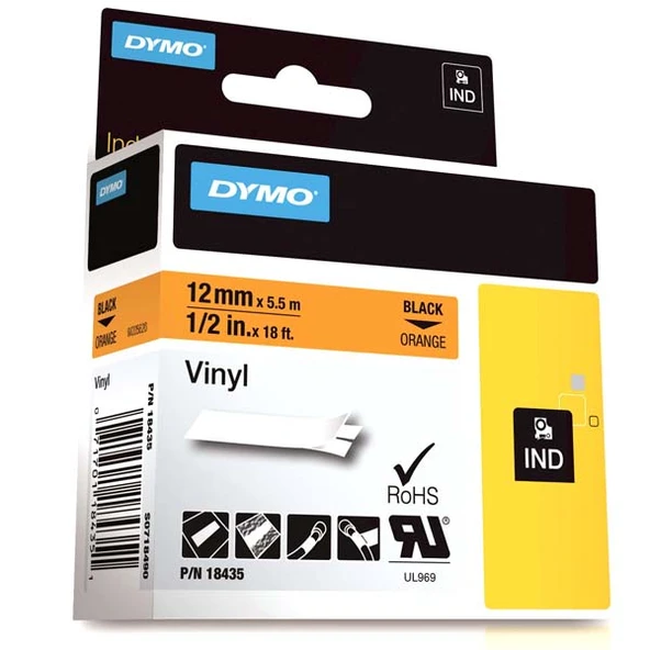 Dymo Rhino Pro Etiketi Renkli Vinil 12 MMx5.5 MT Turuncu Üzerine Siyah 18435-5-LI-PKT ürün görseli 1