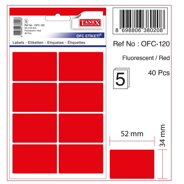 Tanex Flo Kırmızı Ofis Etiketi 5 Ad. Ofc-120 (10 paket) ürün görseli 1