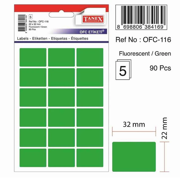 Tanex Ofis Etiketi Poşetli 22x32 MM Fosforlu Yeşil OFC-116-10-PKT ürün görseli 1