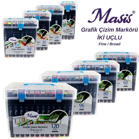 Masis Grafik Çizim Markörü İki Uçlu 12 Renk PP-12-STD ürün görseli 1