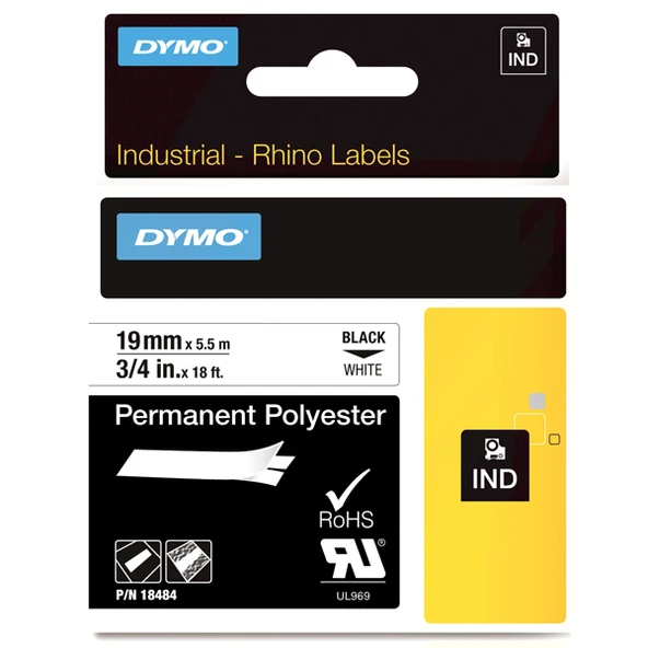 Dymo Rhino Pro Etiketi Plastik Sabit 19 MMx5,5 MT Beyaz Üzerine Siyah 18484-5-PKT ürün görseli 1