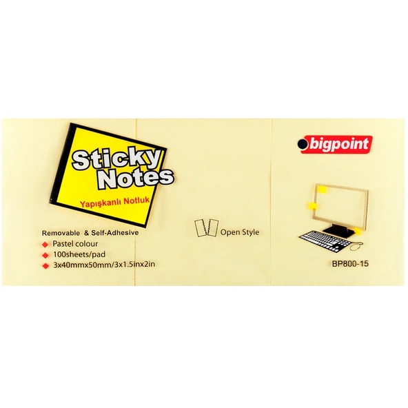 Bigpoint Yapışkanlı Not Kağıdı 3 Lü 40x50 Sarı BP800-15-4-PKT ürün görseli 1