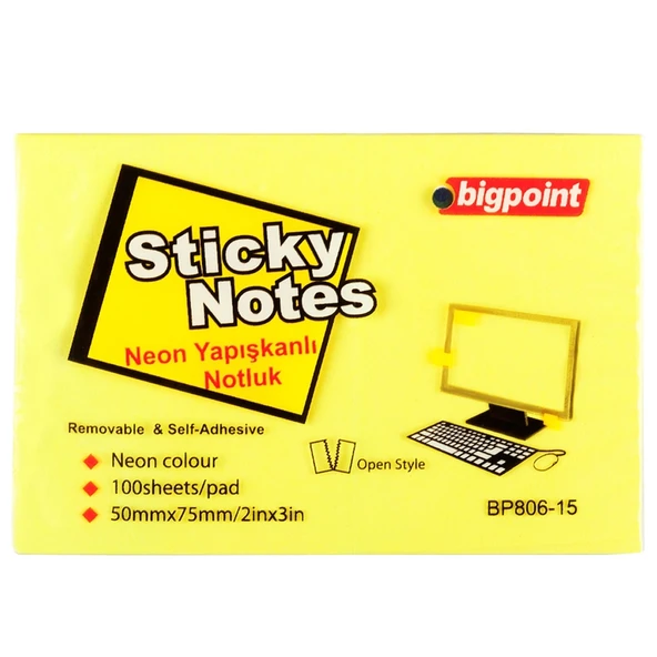 Bigpoint Yapışkanlı Not Kağıdı 75x50 Neon Sarı BP806-15-12-PKT ürün görseli 1