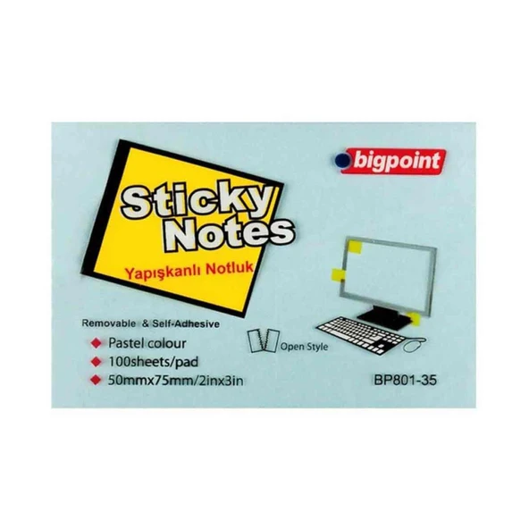 Bigpoint Yapışkanlı Not Kağıdı 75x50 Pastel Mavi BP801-35 ürün görseli 1