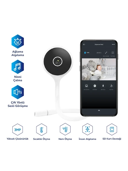 Hybrone Flex Wi-Fi Akıllı Bebek Kamerası, Ağlama Algılama, Ninni Çalma, Sıcaklık ve Nem Ölçümü ürün görseli 1