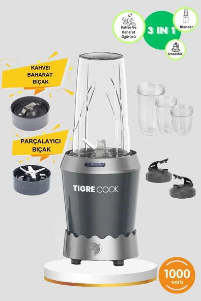 TIGRECOOK NUTRISHAKE 3 in 1 Paslanmaz Çelik Bıçaklı Kişisel Smoothie Blender ve Kahve Baharat Öğütücü 1000 GRi ürün görseli 1