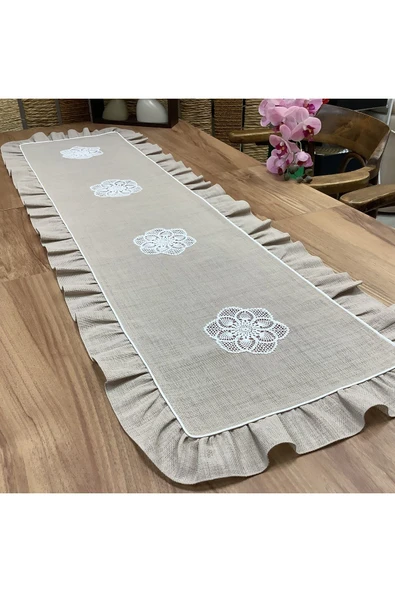 OYA home El Örme Dantel Aplikeli Vizon Zeminli Ranır -45*150 cm ürün görseli 1