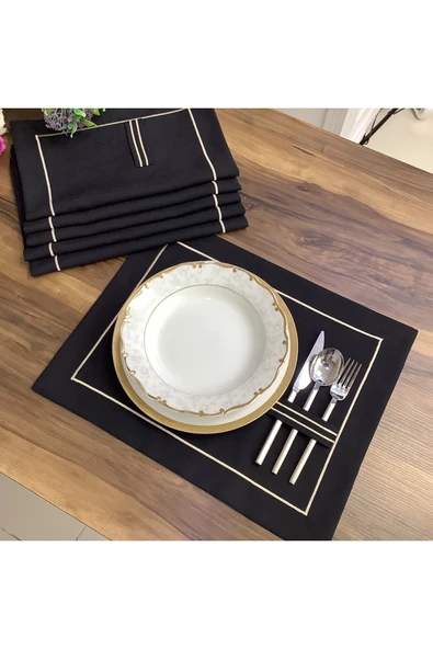 OYA home Gold Dikişli Kaşıklık Detaylı Amerikan Servis - Siyah Zemin ( 6 Lı Set ) ürün görseli 1