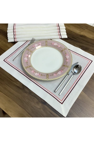OYA home Çift Piko Dikişli Amerikan Servis Set -6 Lı - Bordo&somon ürün görseli 1