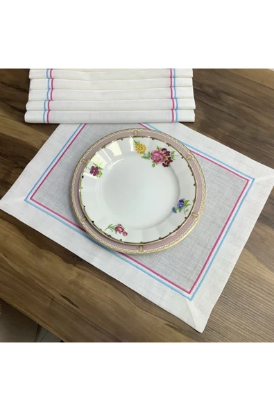 OYA home Pembe & Mavi Piko Dikişli Amerıkan Servis -6 Lı Set ürün görseli 1
