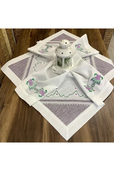 OYA home Mor Patch Dantel&kaneviçe Aplikeli Kare Örtü -100*100 Cm ürün görseli 1