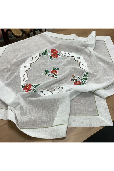 OYA home Beyaz İşli & Kaneviçeli Kare Örtü - 100*100 cm ürün görseli 1