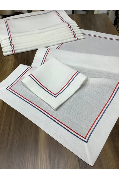 OYA home Kırmızı&mavi Çift Pikolu Amerikan Servis(6)& Peçete(6)& Ranır (1) Set -13 Parça ürün görseli 1