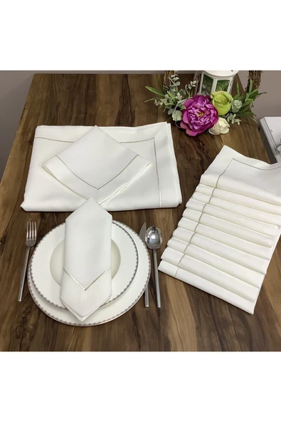 OYA home Gümüş Piko Detaylı Masa Örtüsü (1) &runner&(1)& Peçete (8)& Kaşıklık(8) Set ürün görseli 1