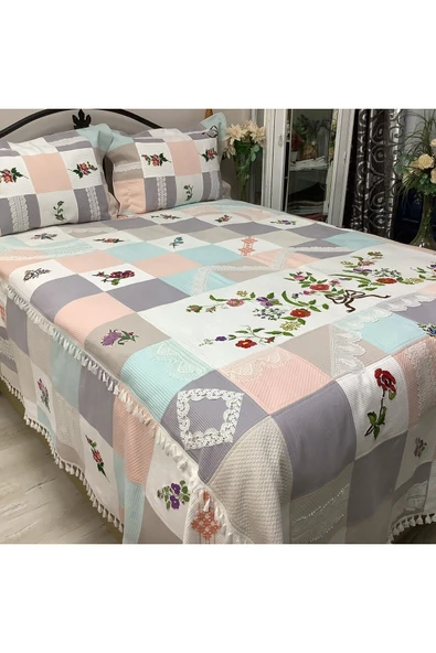 OYA home Patchwork Kaneviçe Ve Dantel Aplikeli Yatak Örtüsü -3 parça ürün görseli 1