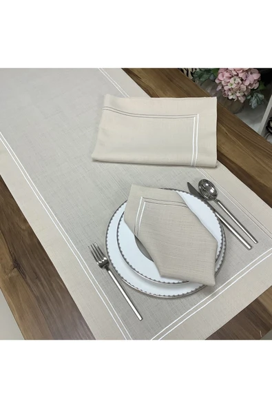 OYA home Kırık Beyaz Çift Dikişli Masa Örtüsü(1) & Peçete (8) & Ranır (1) Set -10 Parça ürün görseli 1