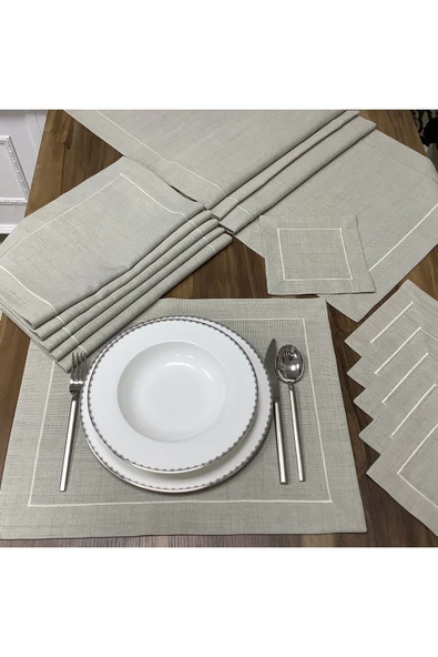 OYA home Taş Rengi Amerikan Servis (6)& Kahve Peçetesi (6) & Ranır (1) -13 Parça ürün görseli 1
