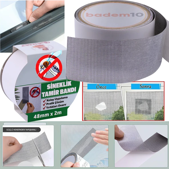 48 mm x 2 Metre Yapışkanlı Sineklik Tülü Tamir Bandı Yırtık Kopmuş Delik Fiber Tül Yapıştırma Gri ürün görseli 1
