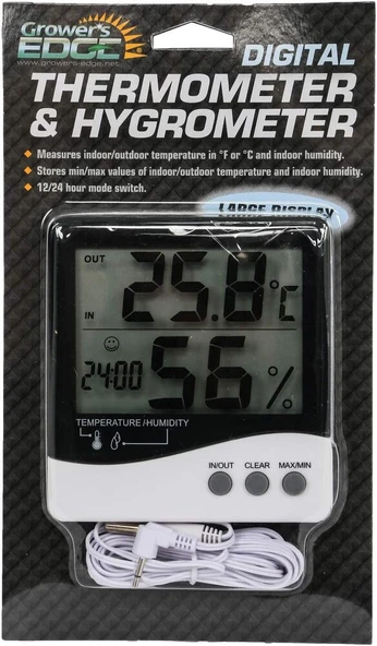 Growers Edge Büyük Ekran Dijital Termometre - Nem Ölçer - Saat / Thermometer / Hygrometer ürün görseli 1