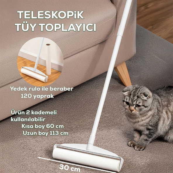 Porsima 3109 Teleskopik Uzun Saplı Yedek Başlıklı Tüy Alma Rulosu Tüy Toz alıcı Rulo 60 Yaprak ürün görseli 1