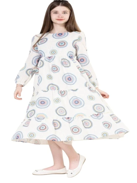 Gülücük Kids G01602-429 Kız Çocuk Keten Desenli Elbise ürün görseli 1