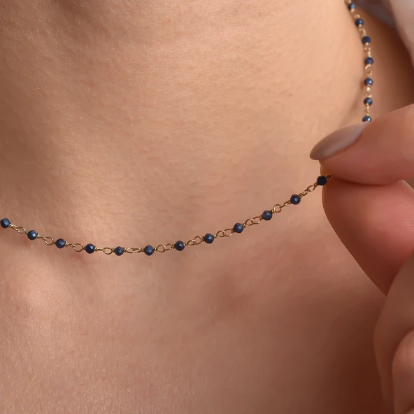 14K Altın Kaplama Safir Taşlı Rosary Zincir Gümüş Kolye - Mavi Safir Minimal Tesbih Zincir Kadın Kolye - CNS00626 ürün görseli 1