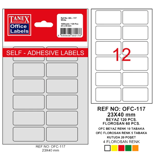 Tanex Ofis Etiketi Poşetli 23x40 MM Beyaz OFC-117 (10 lu paket) ürün görseli 1