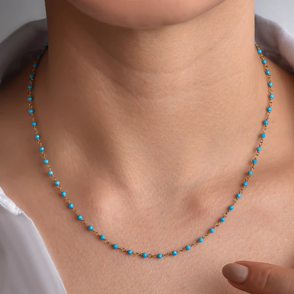 14K Altın Kaplama Turkuaz Taşlı Rosary Zincir Gümüş Kolye - Mavi Turkuaz Minimal Zincir Kadın Kolye - CNS00627 ürün görseli 1