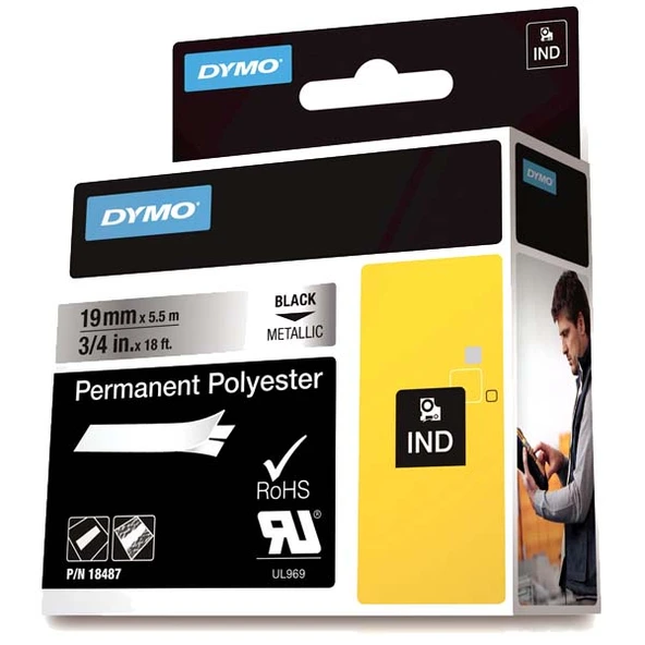 Dymo Rhinopro Sabitpolyester 19 MMx5.5 M Metalik Gri/Siyah 18487 ürün görseli 1