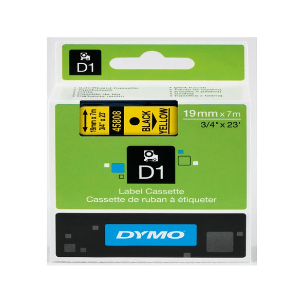 Dymo D1 Şerit Standart 19 MMx7 MT Sarı Üzerine Siyah 45808 S0720880 ürün görseli 1