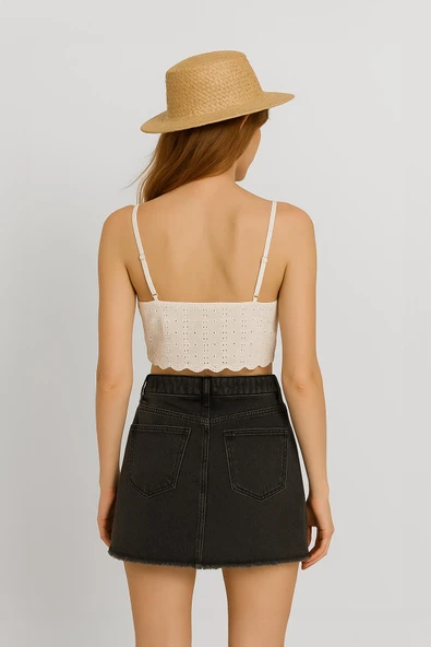 Yüksek Bel Püsküllü Mini Jean Etek - Resim 2