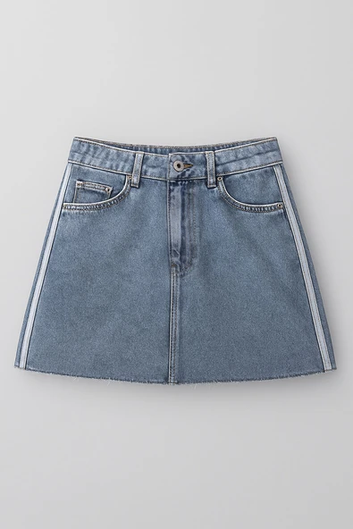 Yüksek Bel Püsküllü Mini Jean Etek - Resim 7