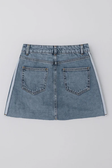 Yüksek Bel Püsküllü Mini Jean Etek - Resim 8