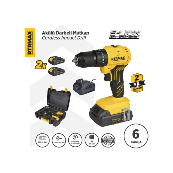 Rtrmax RTS5012 Şarjlı Darbeli Matkap Kömürsüz 54 Nm 2x2 Ah 20V Çift Akü S-Lion ürün görseli 1