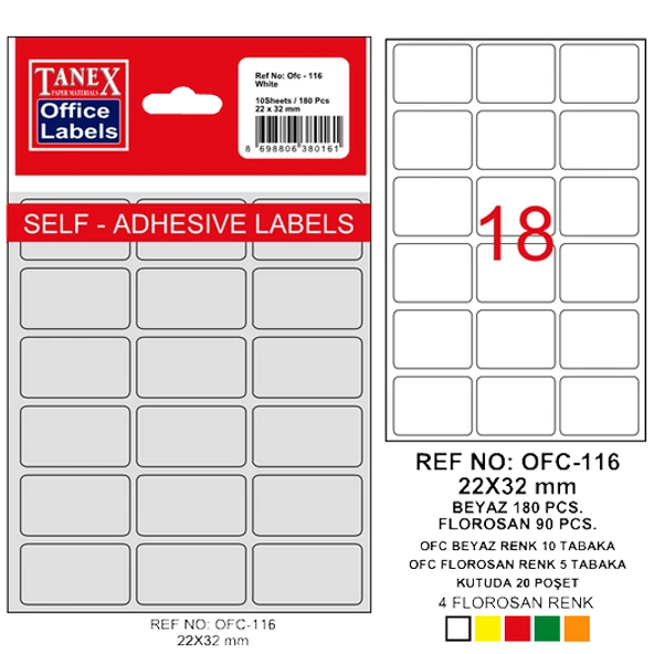 Tanex Ofis Etiketi Poşetli 22x32 MM Beyaz OFC-116 (10 lu paket) ürün görseli 1