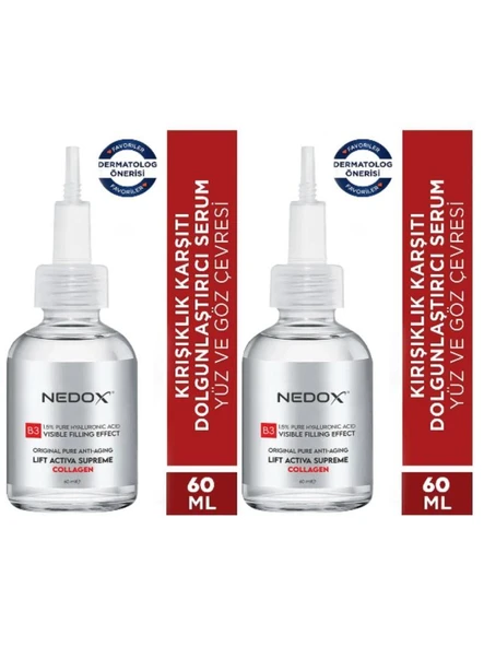 NEDOX 2 Adet Kırışıklık Karşıtı Dolgunlaştırıcı Botoks B3 Kolajen Serum 60 ml Ince Çizgi Sarkmalar ürün görseli 1
