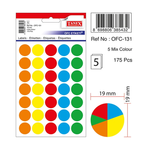 Tanex Ofis Etiketi Poşetli Yuvarlak 19 MM Mix Color OFC-131 ürün görseli 1