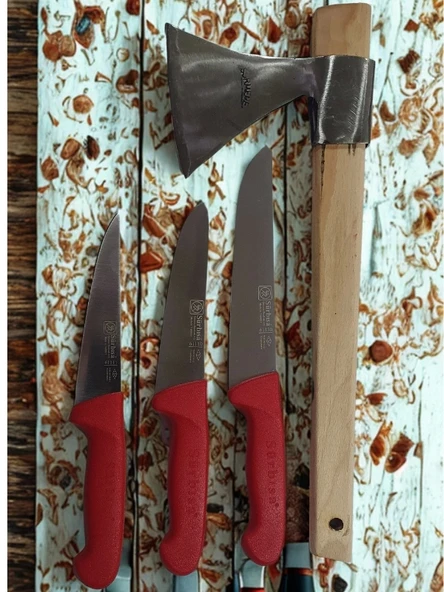 Handmade Sürmene Sürbisa Paltalı Kasap Kurban Et Doğrama Seti 4 lü + Masat ürün görseli 1