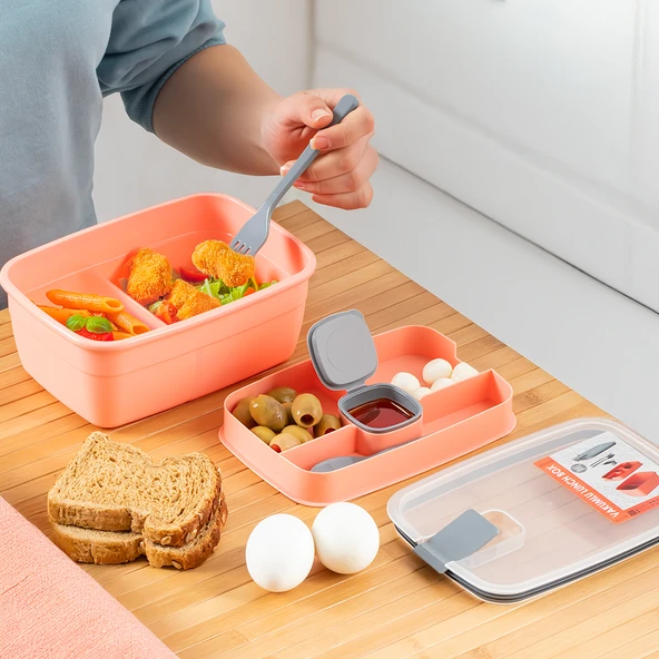 Porsima 3193 Vakumlu Kendinden Kaşık Çatallı Sosluklu Bölmeli Beslenme Çantası - Taşınabilir 2 Katlı Lunch Box - Sefer Tası 1200 Ml Somon ürün görseli 1