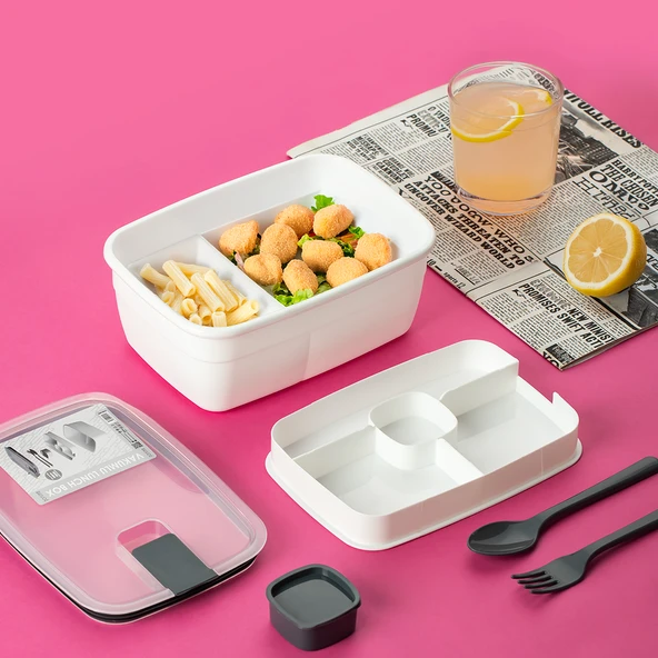 Porsima 3192 Vakumlu Kendinden Kaşık Çatallı Sosluklu Bölmeli Beslenme Çantası - Taşınabilir 2 Katlı Lunch Box - Sefer Tası 1200 Ml Beyaz ürün görseli 1