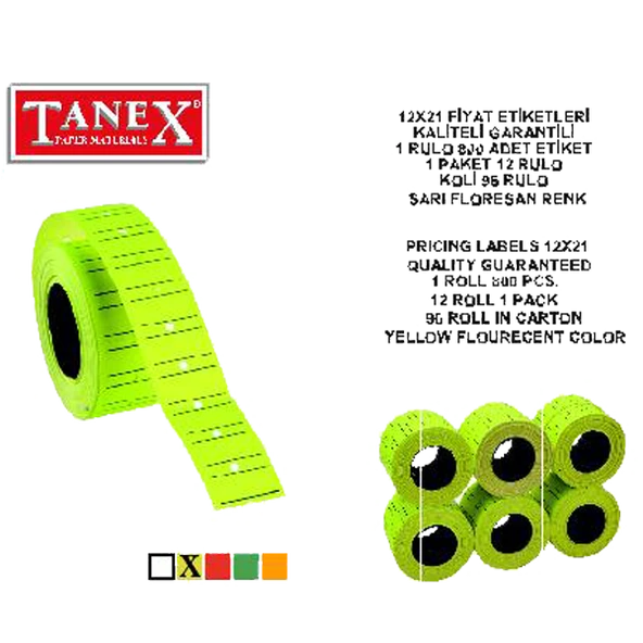 Tanex Fiyat Etiketi Çizgili 12x21 Fosforlu Sarı(6 rulo) ürün görseli 1
