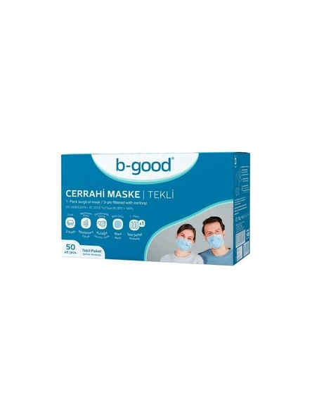 B-Good 3 Katlı Tekli Paketlenmiş Cerrahi Maske Telli 50'li (ÜTS Kayıtlı) ürün görseli 1