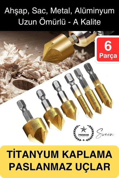 Premium Titanyum Kaplama 6'lı Kırılmaz Uçlu Paslanmaz Ahşap Sac Metal Havşa Açma Matkap Uç Seti ürün görseli 1